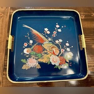 Vintage  Blue Green‎ Serving Tray with Floral and Bird Design